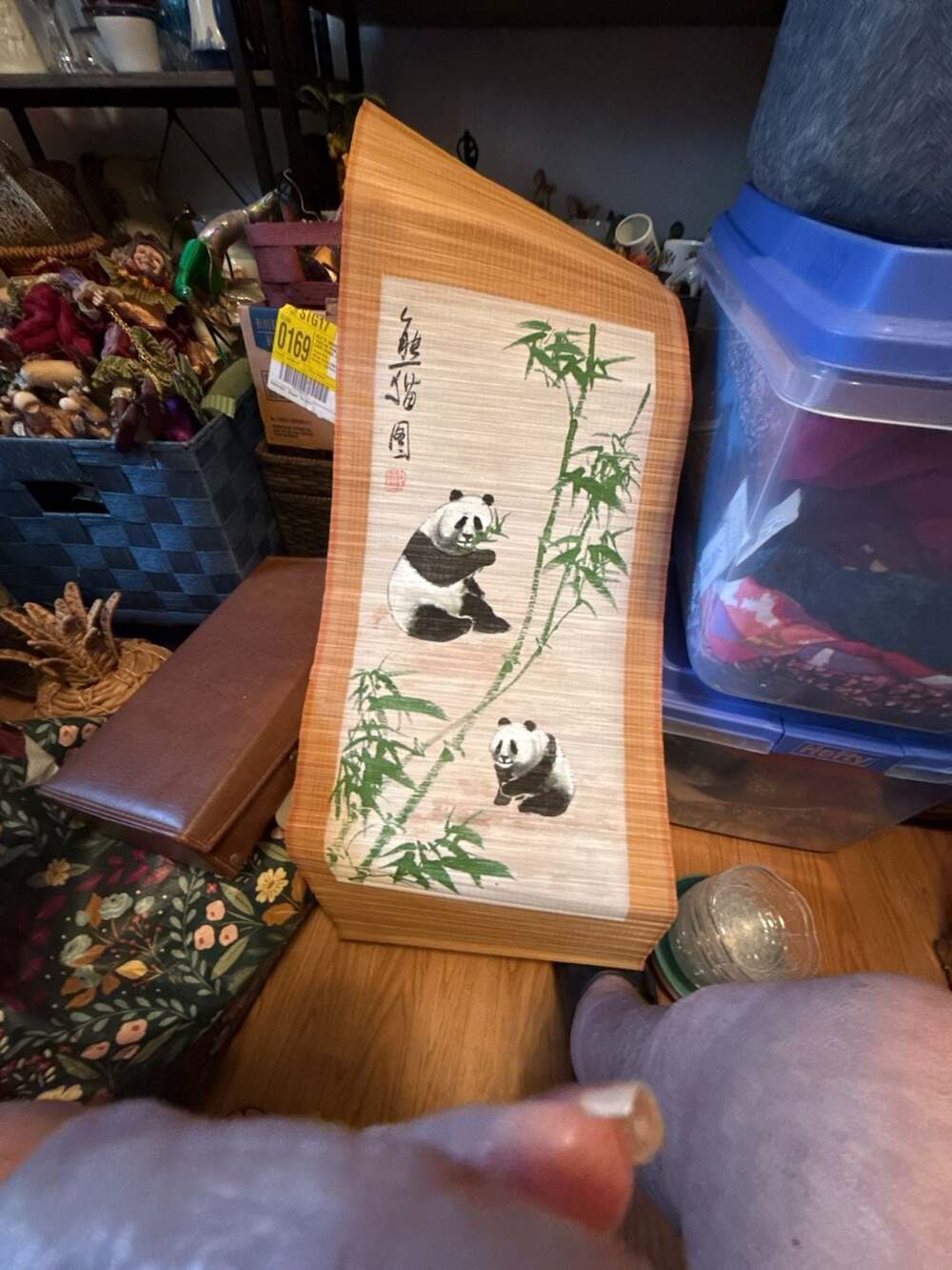 Vintage Asian Bamboo Hand-Painted Panda Scroll Oriental Wall Decor